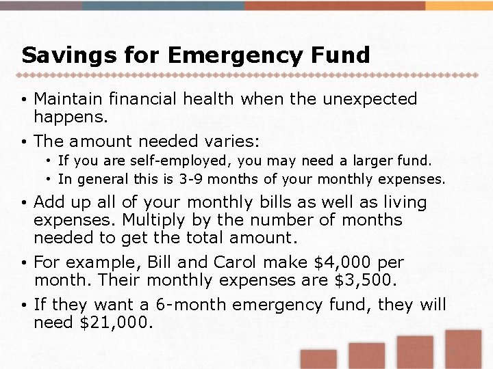 Savings for Emergency Fund • Maintain financial health when the unexpected happens. • The