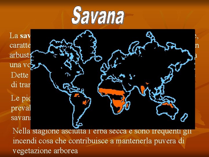 La savana è un bioma soprattutto tropicale e subtropicale, caratterizzato da una vegetazione a