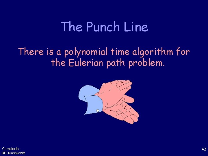 The Punch Line There is a polynomial time algorithm for the Eulerian path problem.