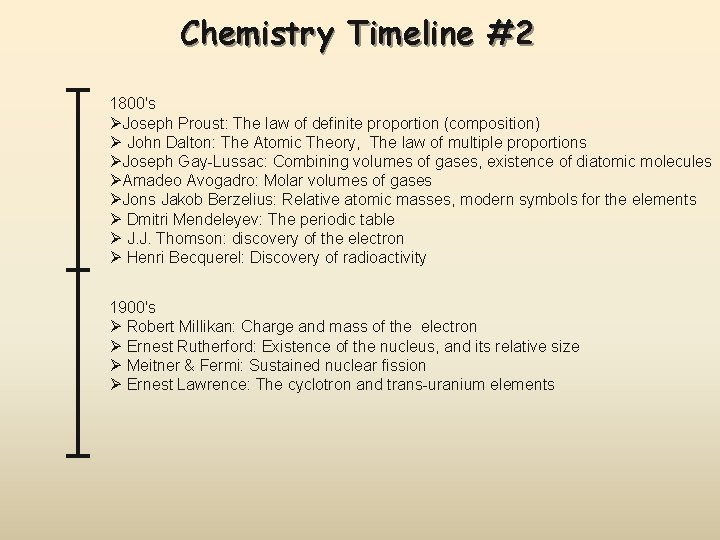 Chemistry Timeline #2 1800's Joseph Proust: The law of definite proportion (composition) John Dalton: