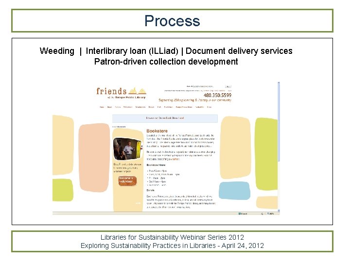 Process Weeding | Interlibrary loan (ILLiad) | Document delivery services Patron-driven collection development Libraries