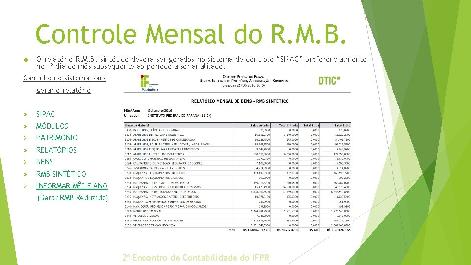 Controle Mensal do R. M. B. O relatório R. M. B. sintético deverá ser