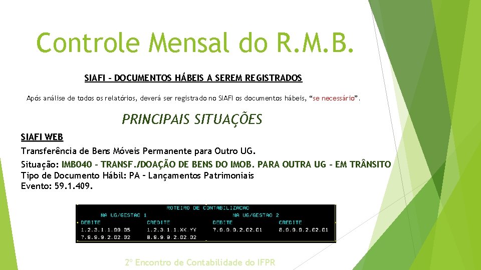 Controle Mensal do R. M. B. SIAFI – DOCUMENTOS HÁBEIS A SEREM REGISTRADOS Após