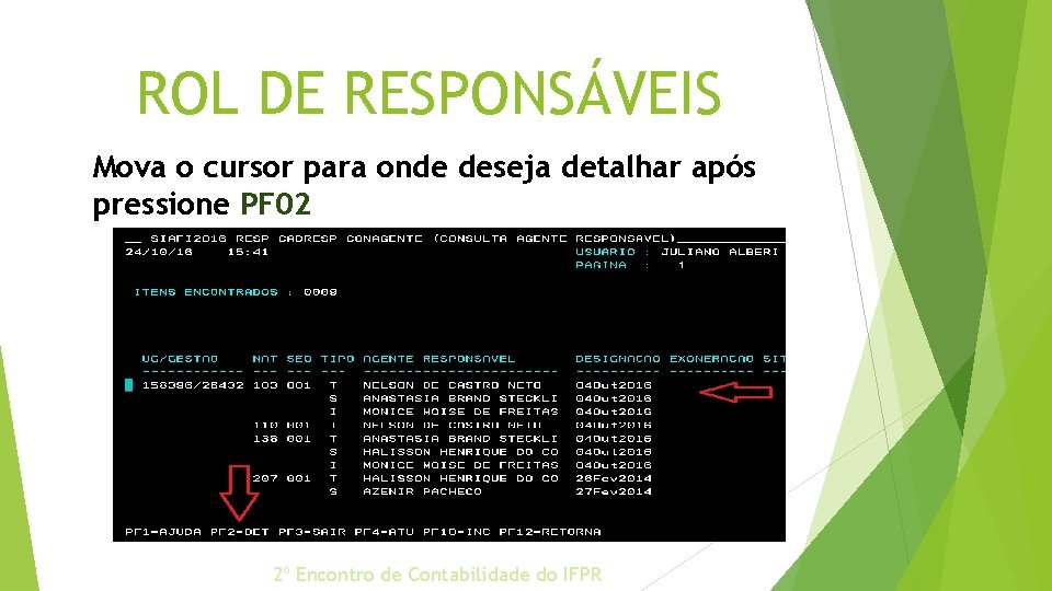 ROL DE RESPONSÁVEIS Mova o cursor para onde deseja detalhar após pressione PF 02