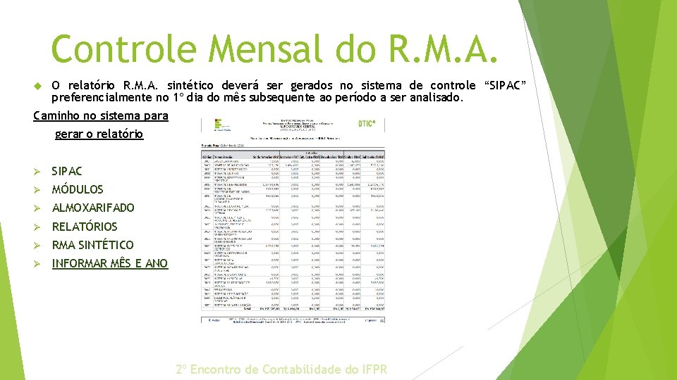 Controle Mensal do R. M. A. O relatório R. M. A. sintético deverá ser