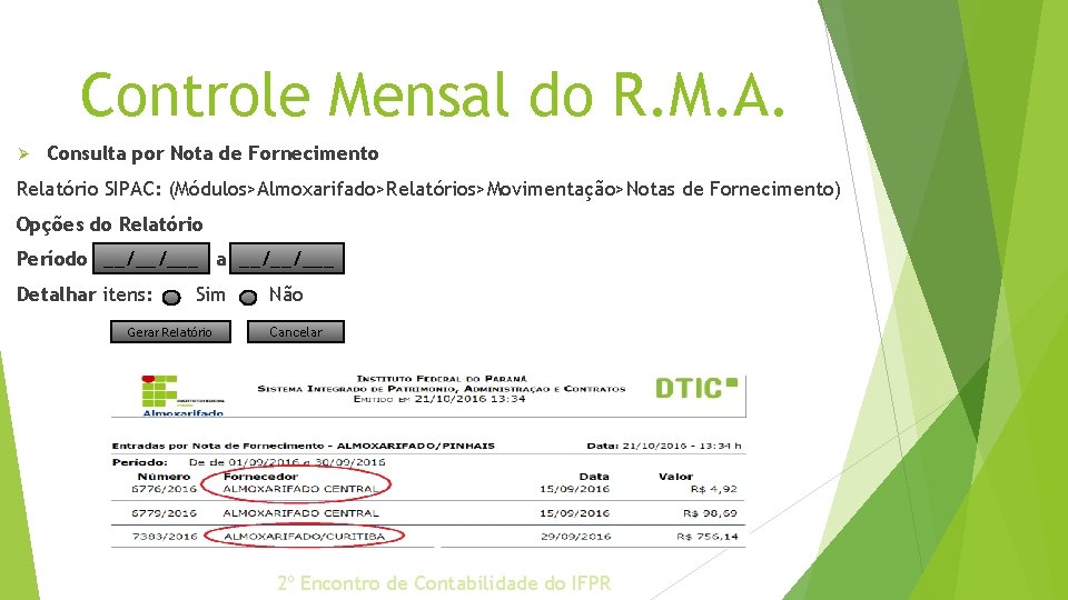 Controle Mensal do R. M. A. Ø Consulta por Nota de Fornecimento Relatório SIPAC: