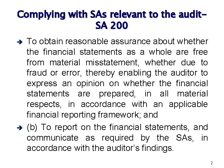 Complying with SAs relevant to the audit. SA 200 è è To obtain reasonable