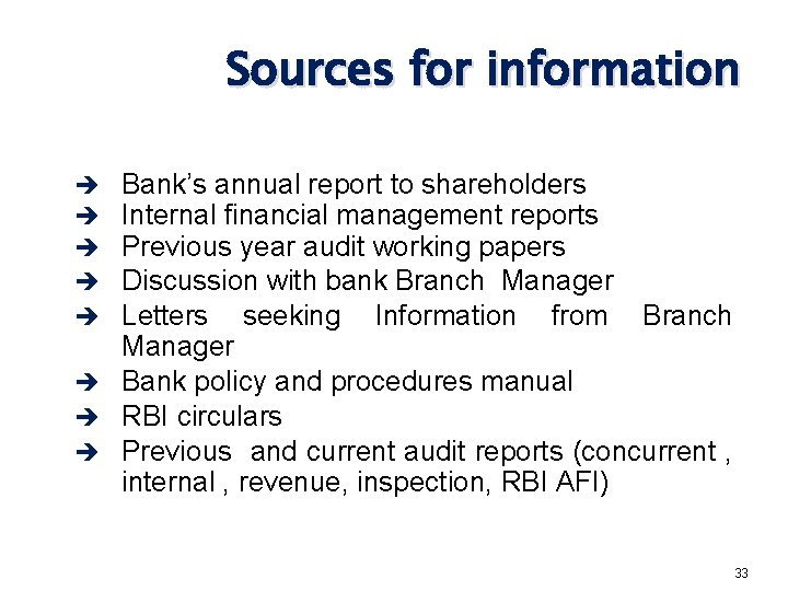 Sources for information Bank’s annual report to shareholders Internal financial management reports Previous year