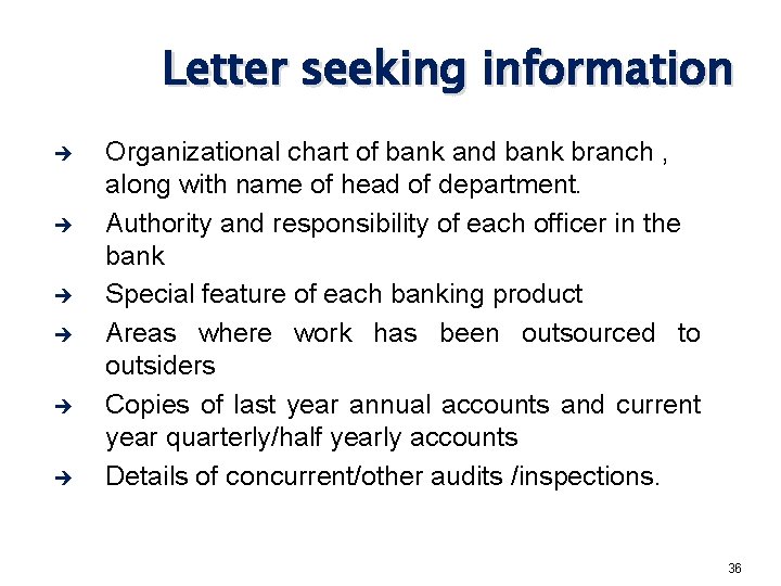 Letter seeking information è è è Organizational chart of bank and bank branch ,