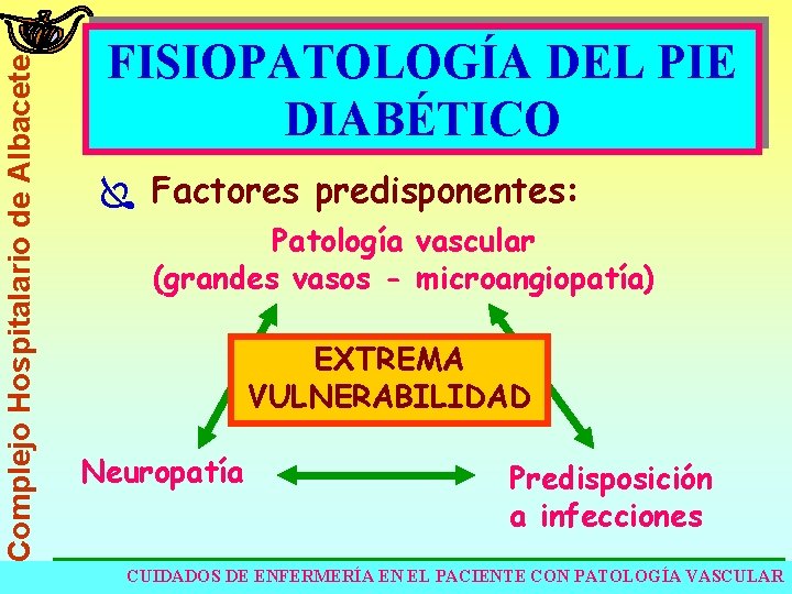 Complejo Hospitalario de Albacete FISIOPATOLOGÍA DEL PIE DIABÉTICO Ï Factores predisponentes: Patología vascular (grandes