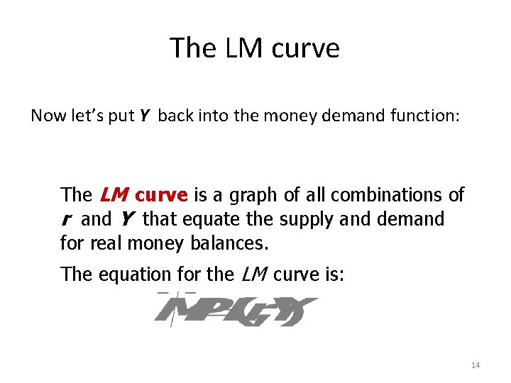 The LM curve Now let’s put Y back into the money demand function: The