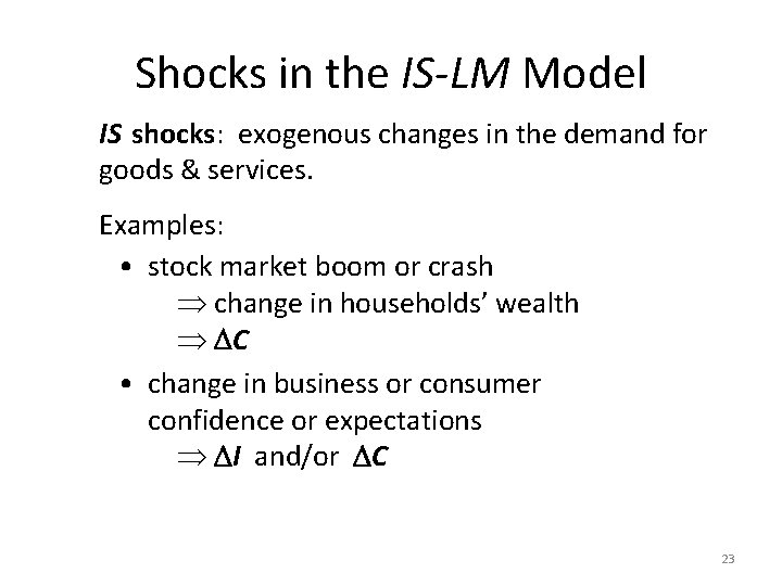 Shocks in the IS-LM Model IS shocks: exogenous changes in the demand for goods