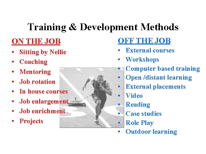 Training & Development Methods ON THE JOB OFF THE JOB • • • •