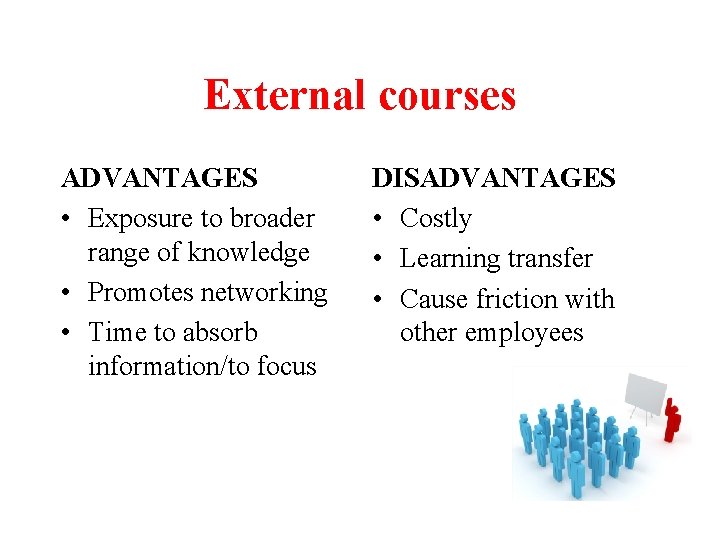 External courses ADVANTAGES • Exposure to broader range of knowledge • Promotes networking •