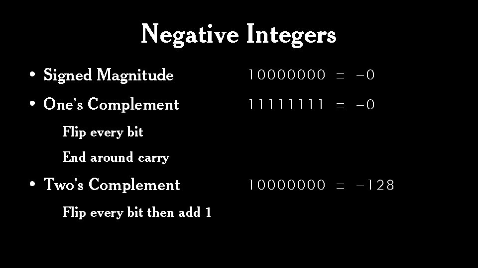 Negative Integers • Signed Magnitude 10000000 = -0 • One's Complement 1111 = -0