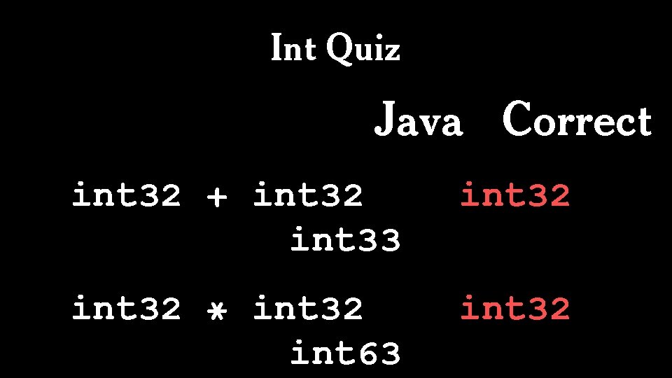 Int Quiz Java Correct int 32 + int 32 int 33 int 32 *