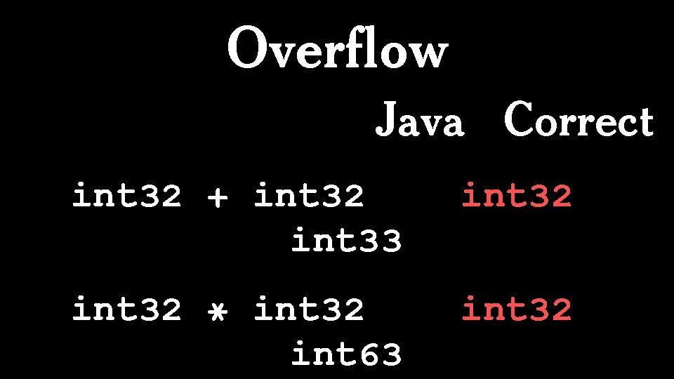 Overflow Java Correct int 32 + int 32 int 33 int 32 * int
