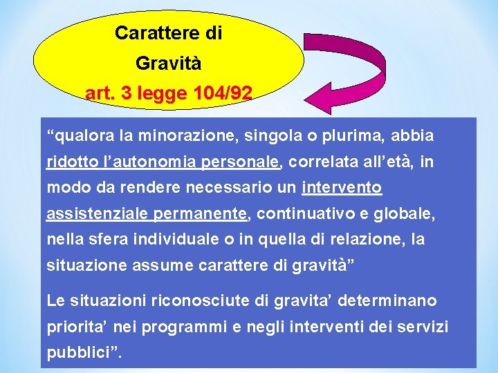 Carattere di Gravità art. 3 legge 104/92 “qualora la minorazione, singola o plurima, abbia