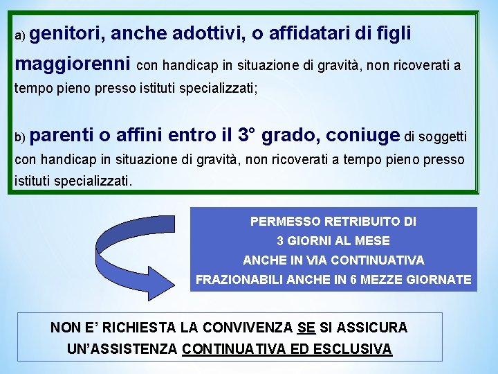 a) genitori, anche adottivi, o affidatari di figli maggiorenni con handicap in situazione di