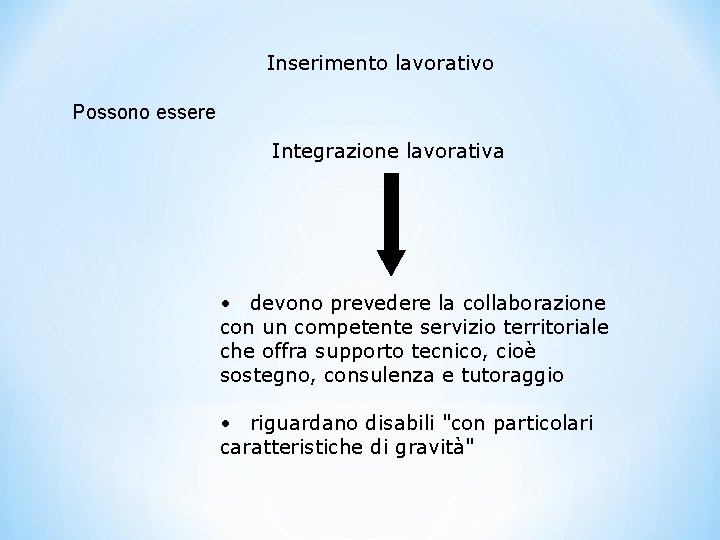 Inserimento lavorativo Possono essere Integrazione lavorativa • devono prevedere la collaborazione con un competente