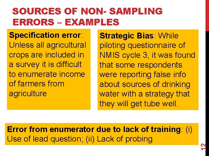 SOURCES OF NON- SAMPLING ERRORS – EXAMPLES Strategic Bias: While piloting questionnaire of NMIS