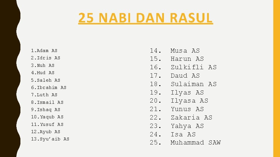 25 NABI DAN RASUL 1. Adam AS 2. Idris AS 3. Nuh AS 4.