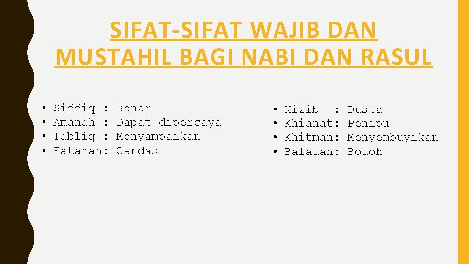 SIFAT-SIFAT WAJIB DAN MUSTAHIL BAGI NABI DAN RASUL • • Siddiq : Amanah :