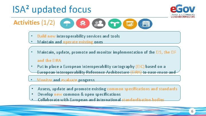 ISA² updated focus Activities (1/2) • • Build new interoperability services and tools Maintain