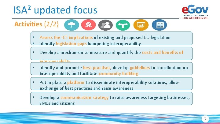 ISA² updated focus Activities (2/2) • • Assess the ICT implications of existing and