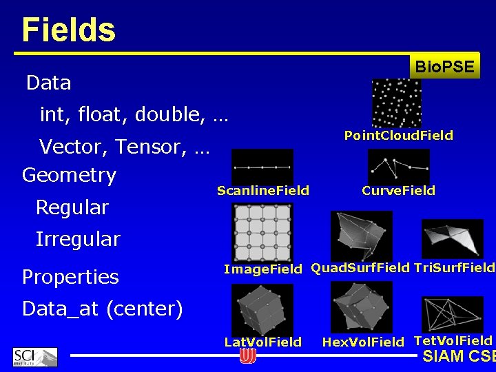 Fields Bio. PSE Data int, float, double, … Vector, Tensor, … Geometry Regular Point.