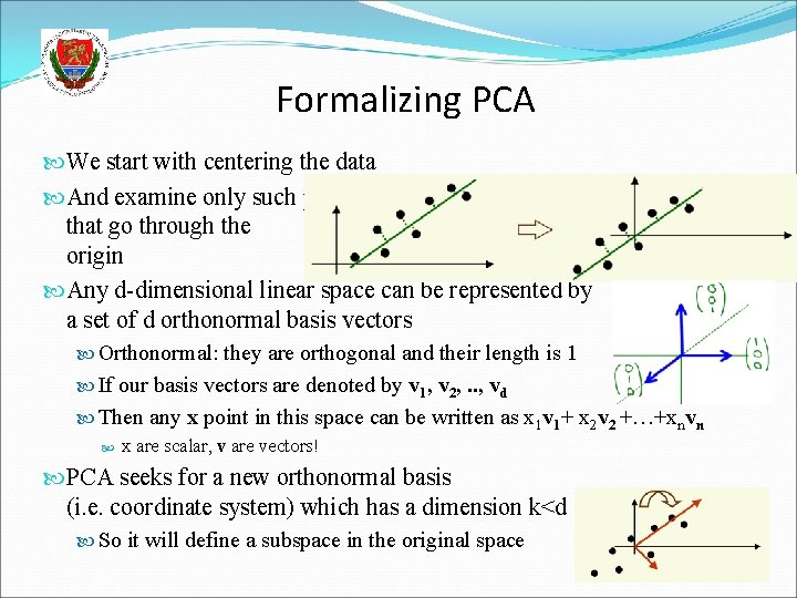 Formalizing PCA We start with centering the data And examine only such projection directions