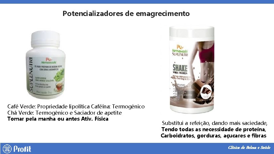 Potencializadores de emagrecimento Café Verde: Propriedade lipolítica Caféína: Termogênico Chá Verde: Termogênico e Saciador