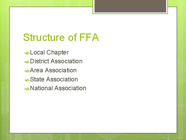 Structure of FFA Local Chapter District Association Area Association State Association National Association 