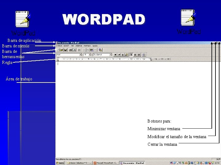 WORDPAD Barra de aplicación Barra de menús Barra de herramientas Regla Área de trabajo