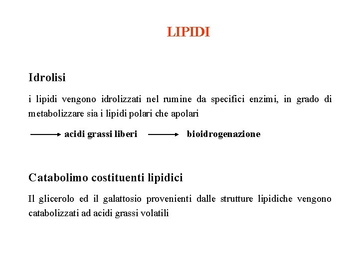 LIPIDI Idrolisi i lipidi vengono idrolizzati nel rumine da specifici enzimi, in grado di