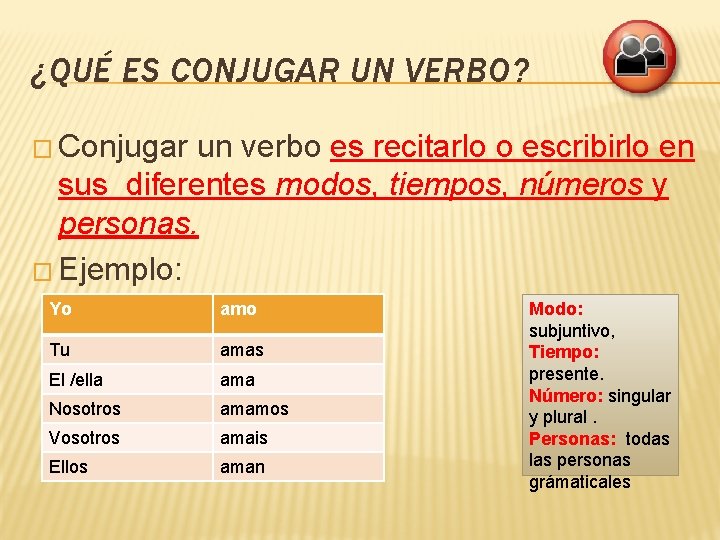 ¿QUÉ ES CONJUGAR UN VERBO? � Conjugar un verbo es recitarlo o escribirlo en