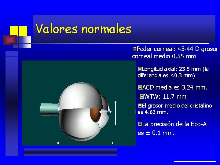 Valores normales 3 Poder corneal: 43 -44 D grosor corneal medio 0. 55 mm