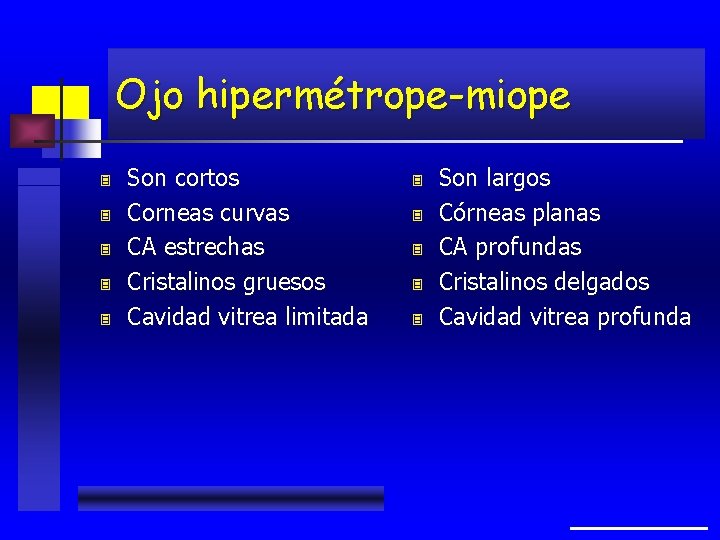 Ojo hipermétrope-miope 3 3 3 Son cortos Corneas curvas CA estrechas Cristalinos gruesos Cavidad