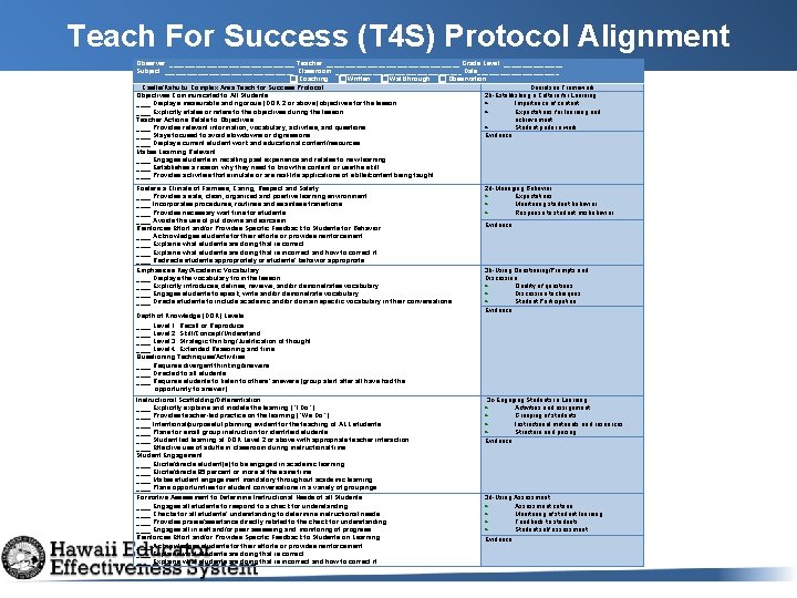Teach For Success (T 4 S) Protocol Alignment Observer: _________________ Teacher: __________________ Grade Level: Teach For Success (T 4 S) Protocol Alignment Observer: _________________ Teacher: __________________ Grade Level: