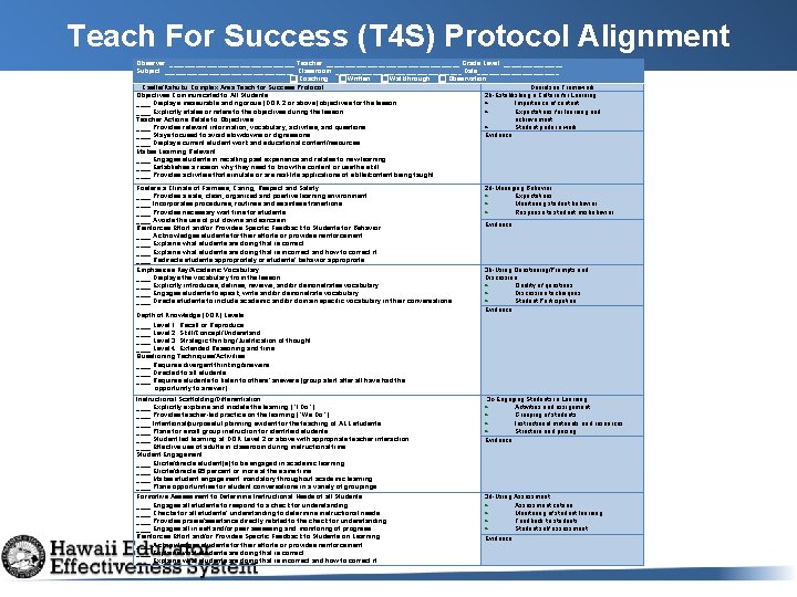 Teach For Success (T 4 S) Protocol Alignment Observer: _________________ Teacher: __________________ Grade Level: