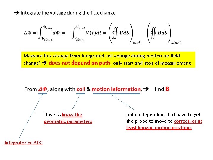 Measure flux change from integrated coil voltage during motion (or field change) does not