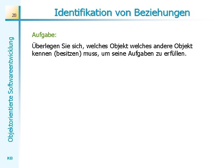 Objektorientierte Softwareentwicklung 28 KB Identifikation von Beziehungen Aufgabe: Überlegen Sie sich, welches Objekt welches