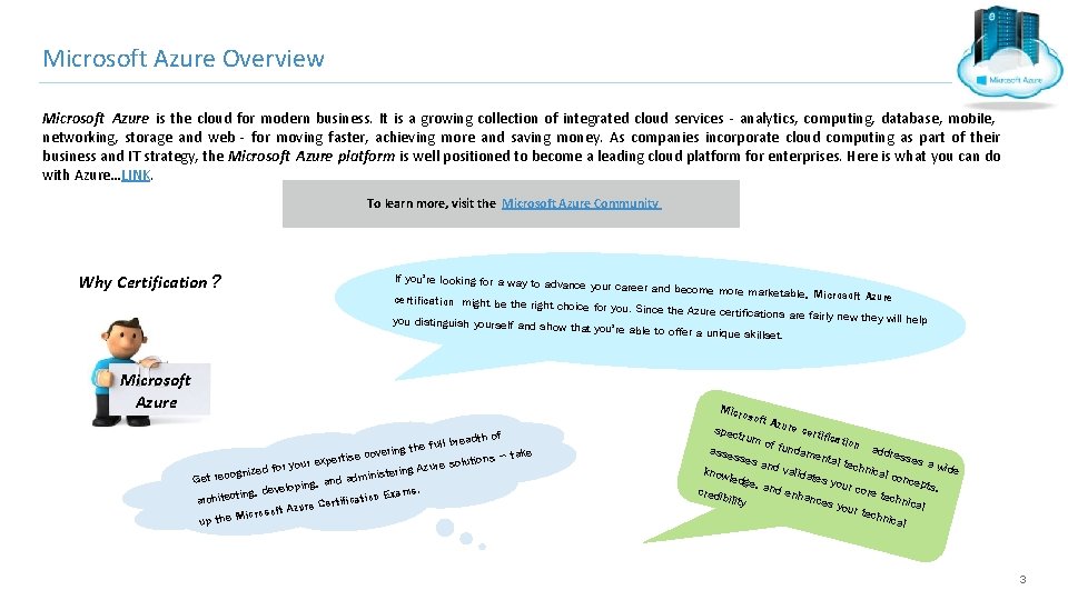 Microsoft Azure Overview Microsoft Azure is the cloud for modern business. It is a