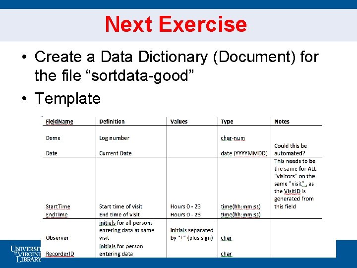 Next Exercise • Create a Data Dictionary (Document) for the file “sortdata-good” • Template