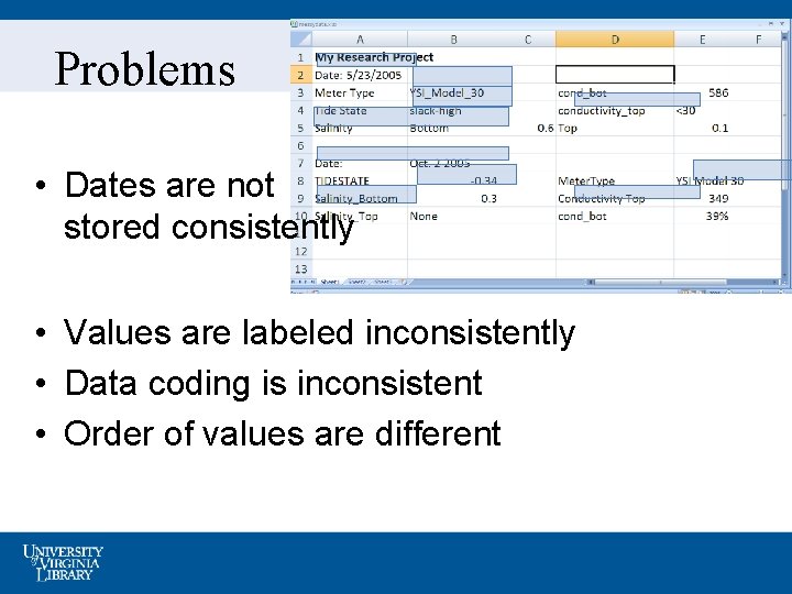 Problems • Dates are not stored consistently • Values are labeled inconsistently • Data