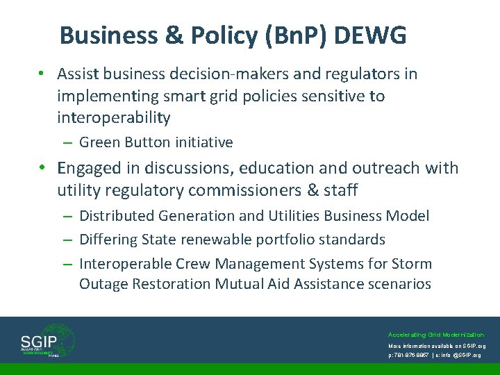 Business & Policy (Bn. P) DEWG • Assist business decision-makers and regulators in implementing