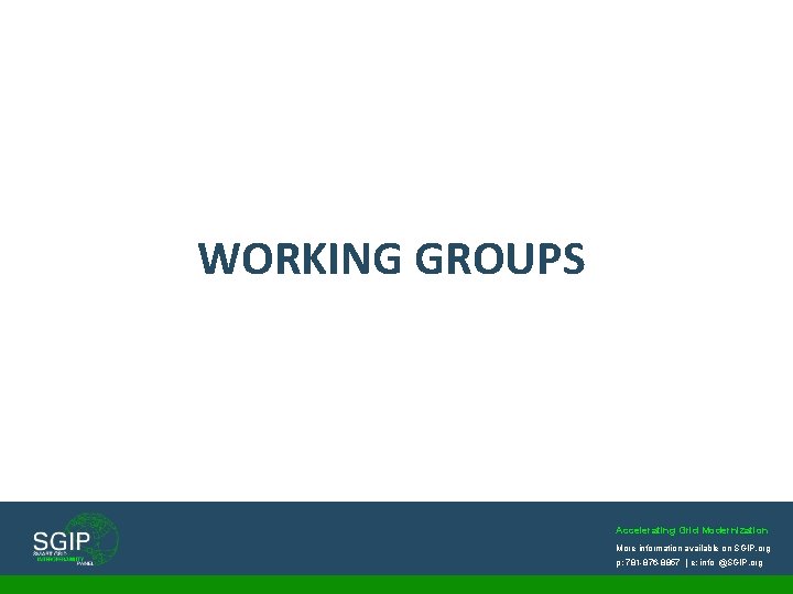 WORKING GROUPS Accelerating Grid Modernization More information available on SGIP. org p: 781 -876