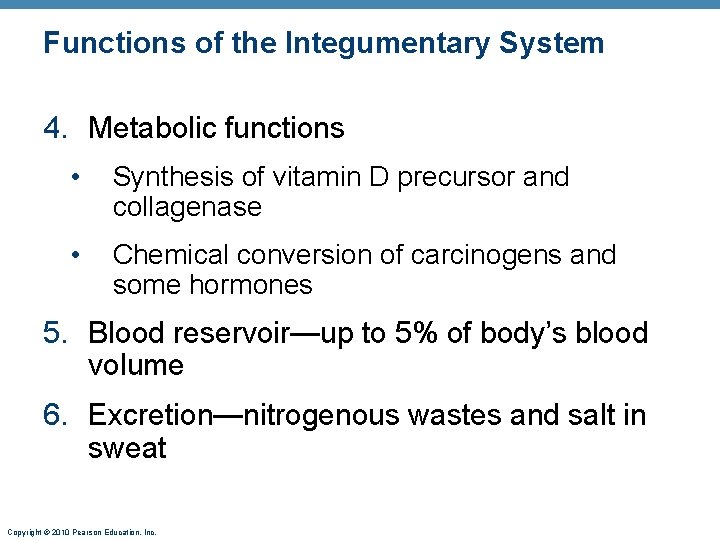 Functions of the Integumentary System 4. Metabolic functions • Synthesis of vitamin D precursor