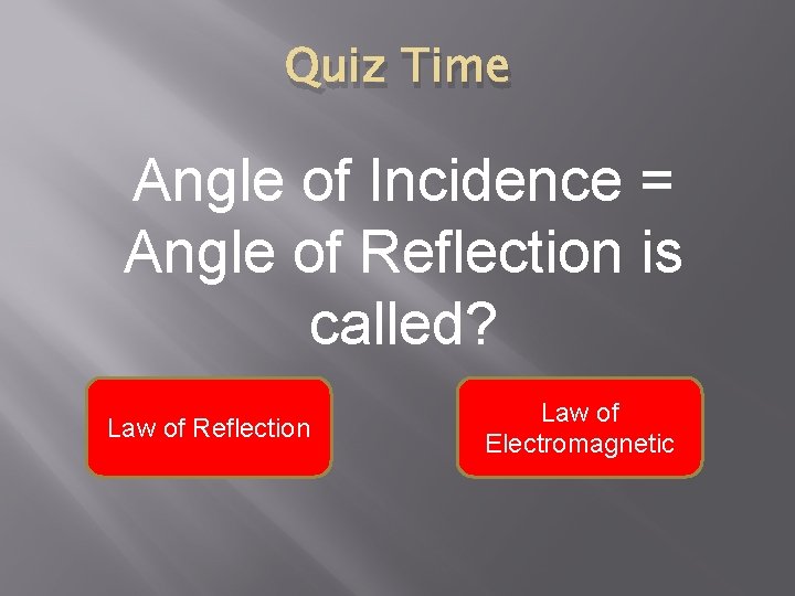Quiz Time Angle of Incidence = Angle of Reflection is called? Law of Reflection