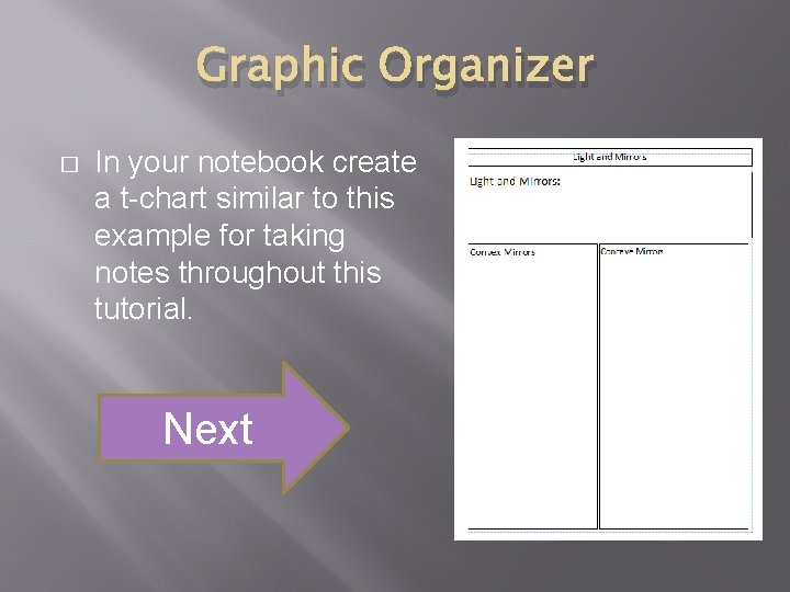 Graphic Organizer � In your notebook create a t-chart similar to this example for